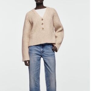 ZARA M Beige Ribbed Button-Up Sweater